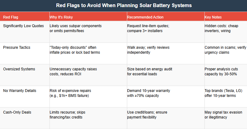 red flags to avoid when planning solar battery systems