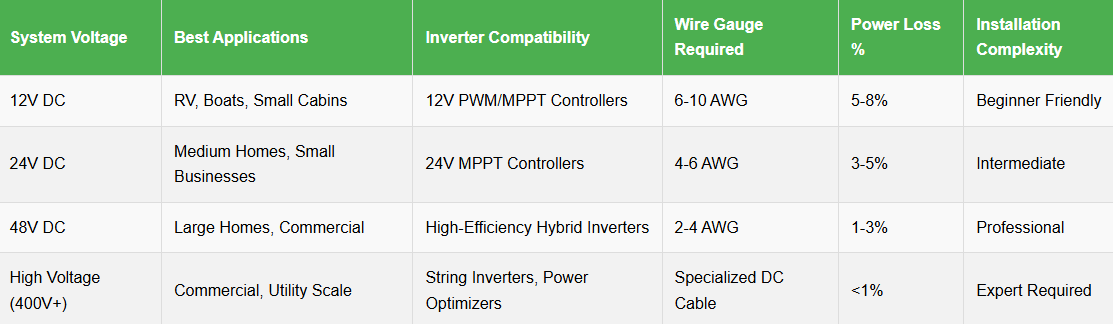 12V, 24V and 48V Solar System Voltage Configuration Comparison