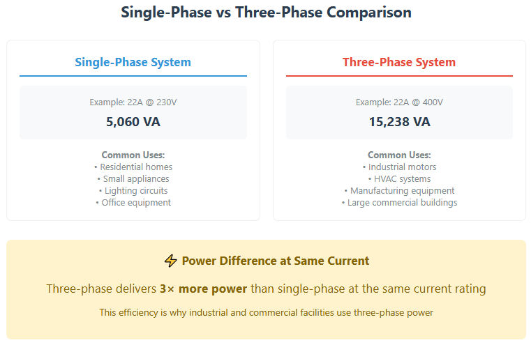 A to VA single-phase vs three-phase comparison