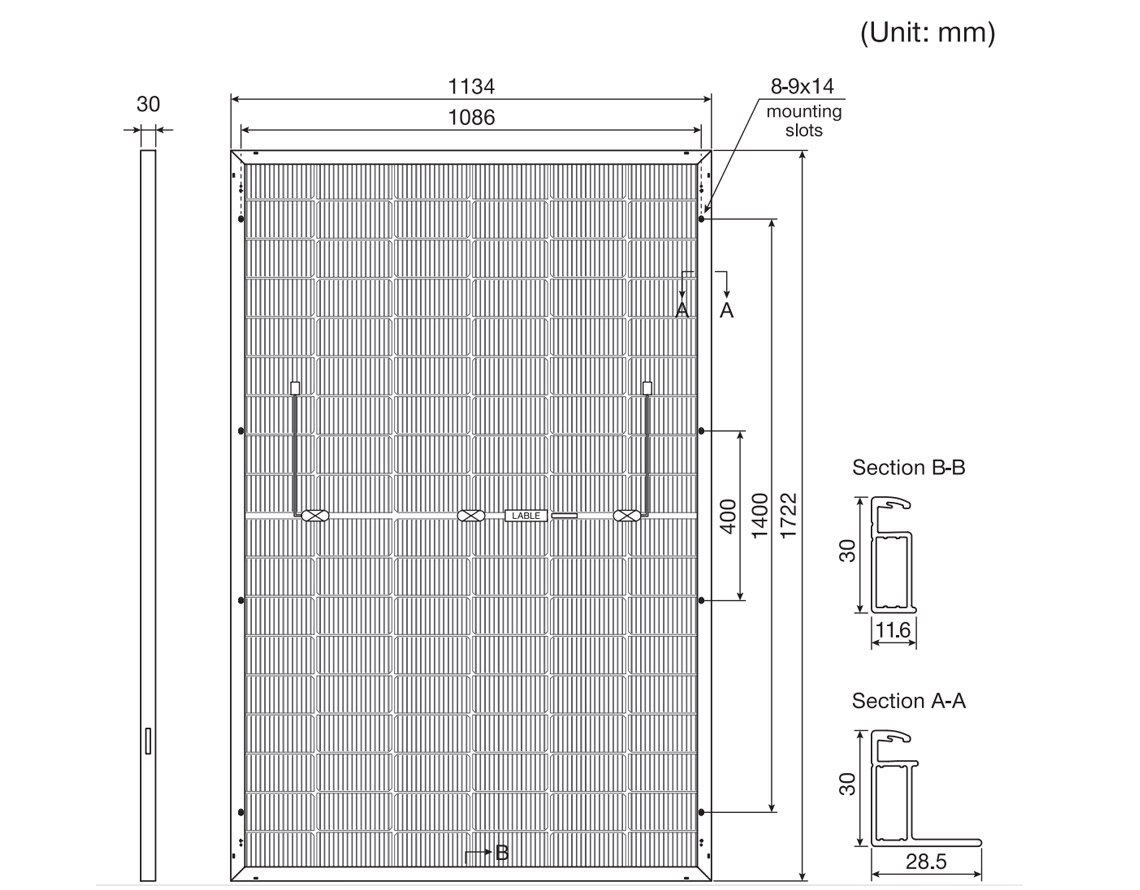 dimension-of-black LESSO-430W-450W-Solar-panels