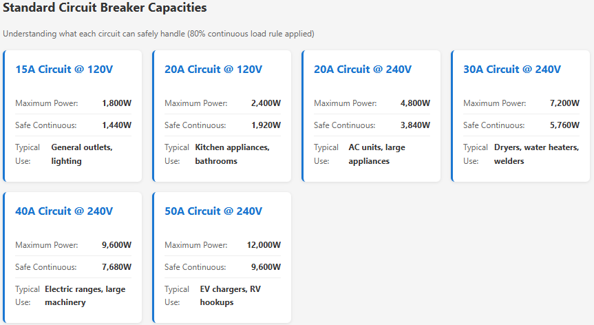 standard circuit breaker capacities