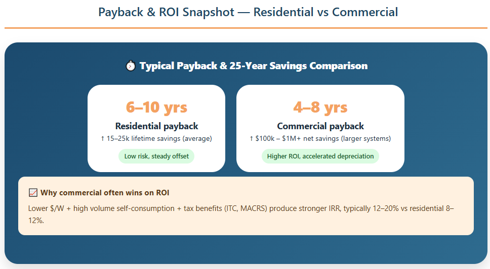 Payback & Instantâneo do ROI residencial vs comercial