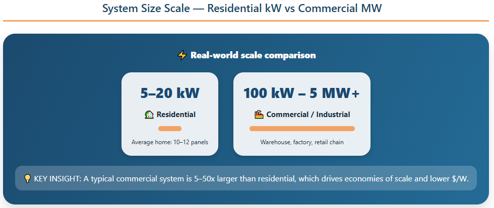 escala de tamanho do sistema - KW residencial vs MW comercial