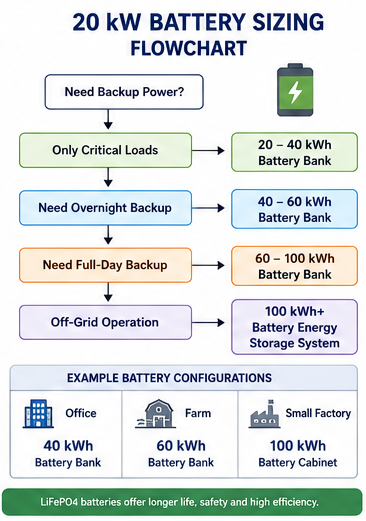Battery sizing flowchart showing recommended LiFePO4 battery capacity for a 20 kW solar system.