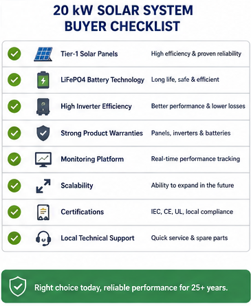Buyer checklist infographic for selecting a commercial 20 kW solar system.
