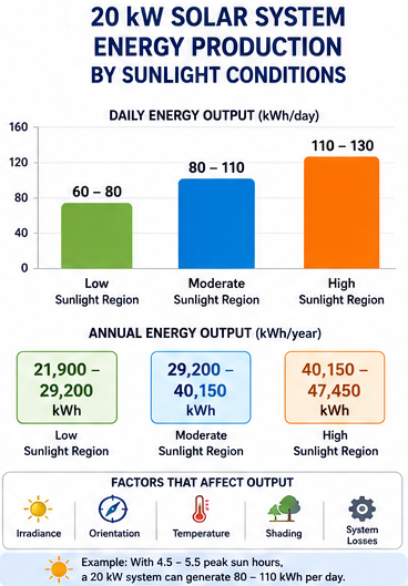 Bar chart showing daily and annual electricity production of a 20 kW solar system under different sunlight conditions.