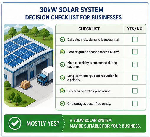 Decision checklist infographic helping businesses determine whether a 30kW solar system is the right size.
