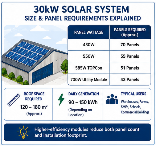 Infographic showing panel quantity and roof space requirements for a 30kW solar system using different panel wattages.