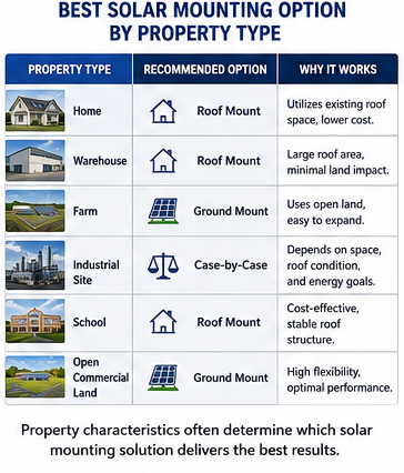 Comparison table showing recommended solar mounting options for different property types.