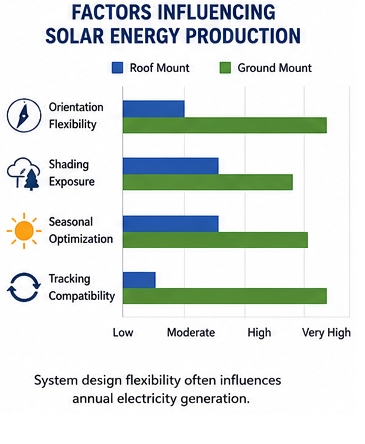 Chart comparing factors that affect solar energy production in roof-mounted and ground-mounted systems.