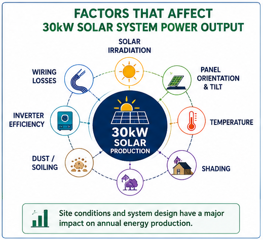 Infographic illustrating the main factors influencing electricity production from a 30kW solar system.