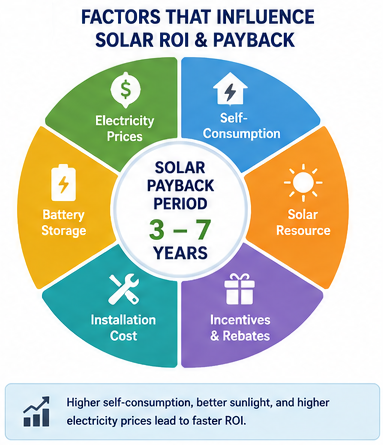 Infographic showing the major factors that affect the ROI and payback period of a 20 kW solar system.