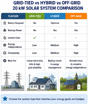 Comparison infographic showing differences between grid-tied, hybrid, and off-grid 20 kW solar systems.