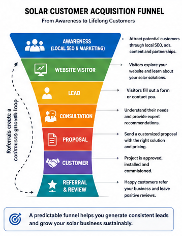 Customer acquisition funnel showing local SEO, consultations, proposals, sales, and referrals.
