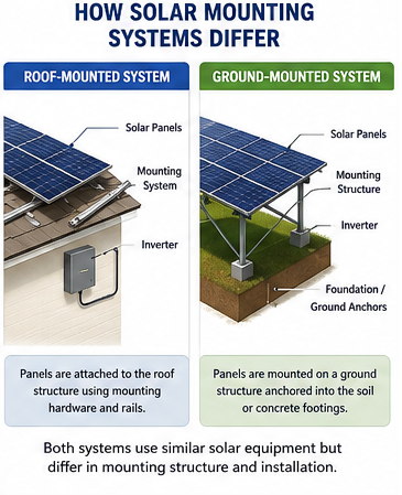 Diagram showing the components of roof-mounted and ground-mounted solar installations.