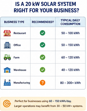 Business suitability chart showing which industries are best suited for a 20 kW commercial solar system.