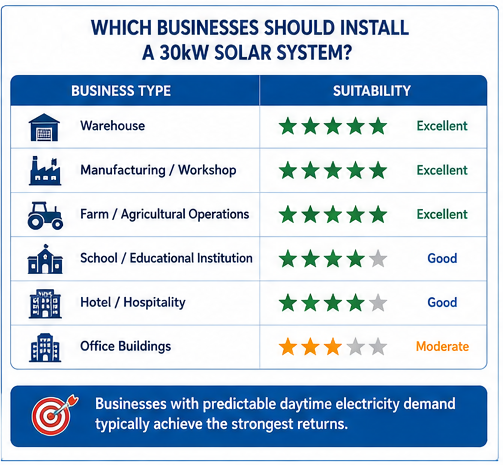 Business suitability chart showing which industries benefit most from a 30kW solar system.
