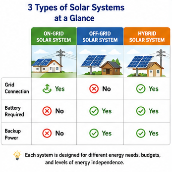 Infographic comparing the three types of solar systems including on-grid, off-grid, and hybrid solar systems with grid connection, battery requirements, and backup power capabilities.