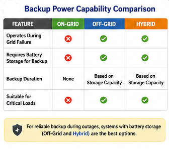 Comparison of backup power performance between on-grid, off-grid, and hybrid solar systems during utility outages.