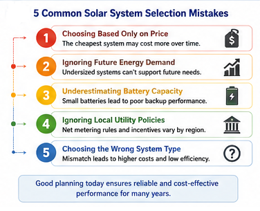 Checklist infographic highlighting five common mistakes when selecting a solar power system.