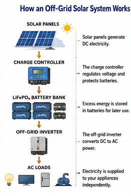 Off-grid solar system diagram showing solar panels, charge controller, battery storage, inverter, and connected electrical loads