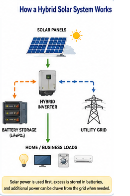 Hybrid solar system architecture showing solar panels, battery storage, hybrid inverter, utility grid connection, and electrical loads.