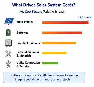 Infographic showing major cost factors affecting solar projects including solar panels, batteries, inverter equipment, installation, and grid connection.