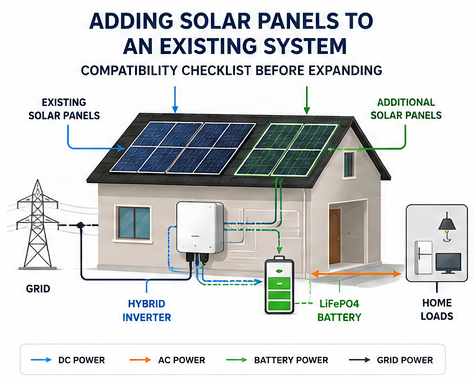 Illustration showing how to add solar panels to an existing system with an existing solar array, additional panels, hybrid inverter, LiFePO4 battery, grid connection, and home electrical loads.