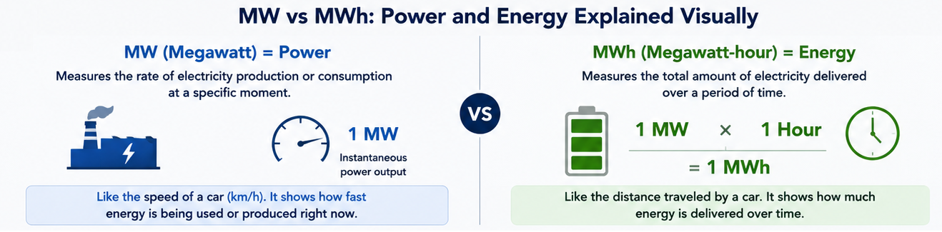 Educational diagram comparing megawatts (MW) and megawatt-hours (MWh), explaining the difference between power capacity and energy over time.