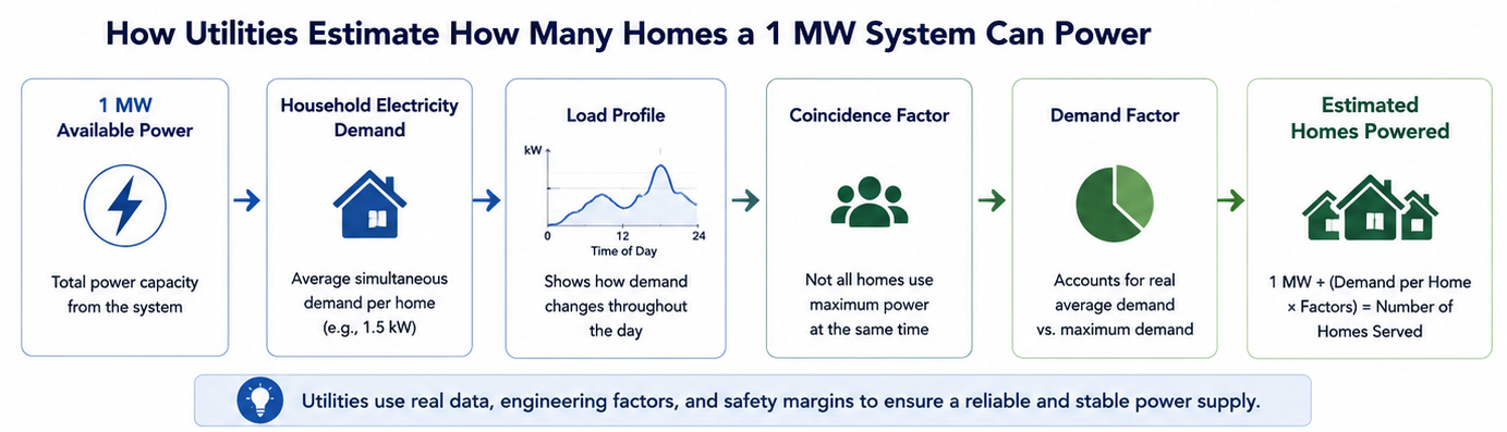 Flowchart illustrating how utilities estimate the number of homes powered by a 1 MW electricity system using household demand, load profiles, and engineering factors.