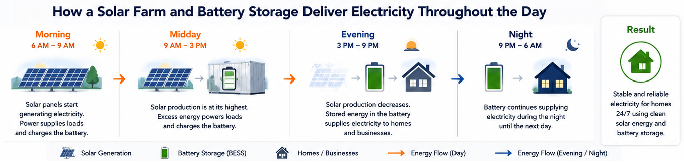 Illustration showing a 1 MW solar farm charging a battery energy storage system during daylight and supplying electricity to homes after sunset.