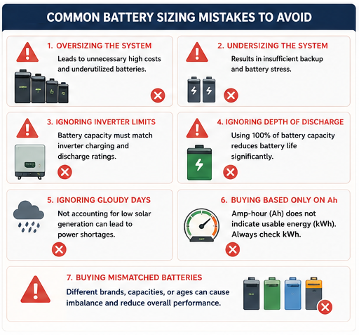 Infographic showing common solar battery sizing mistakes including oversizing, undersizing, incorrect battery voltage, inverter incompatibility, and ignoring depth of discharge.
