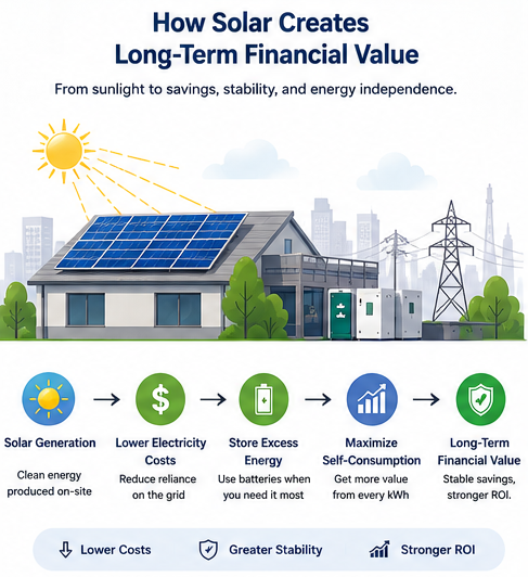 Illustration showing the financial benefits of solar energy including lower electricity costs, battery storage, ROI, and long-term energy independence