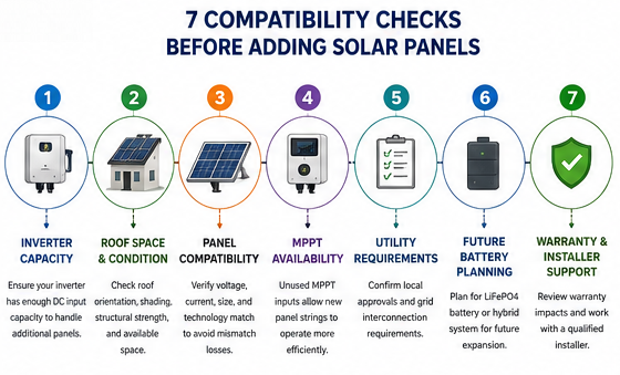 Infographic illustrating the seven essential compatibility checks before expanding an existing solar system, including inverter capacity, roof condition, MPPT, utility approval, battery planning, and warranty review.