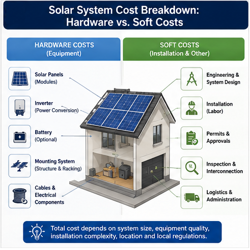 Illustration explaining solar system cost components including solar panels, inverter, battery, installation, engineering, permits, inspection, and labor.