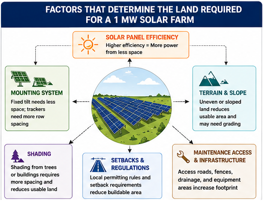 Diagram illustrating how solar panel efficiency, mounting systems, terrain, spacing, and local solar resources influence land requirements for a 1 MW solar power plant.