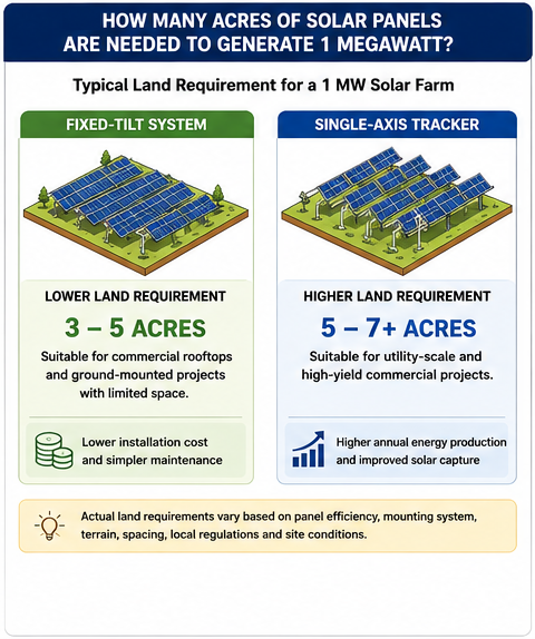 nfographic showing the typical land required for a 1 MW solar farm using fixed-tilt and single-axis tracker systems.