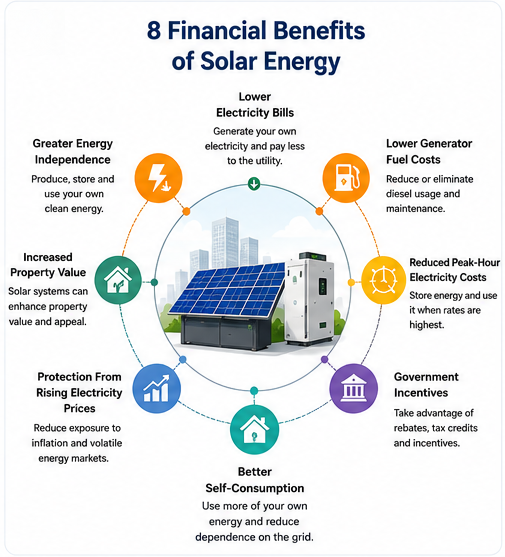 Infographic illustrating the eight financial benefits of solar energy for residential and commercial users