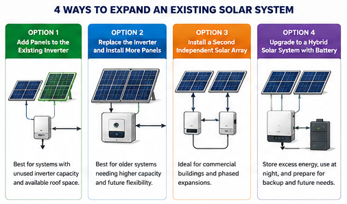Diagram comparing four methods of expanding a solar system: adding panels to the existing inverter, replacing the inverter, installing a second solar array, or upgrading to a hybrid solar system with battery storage.