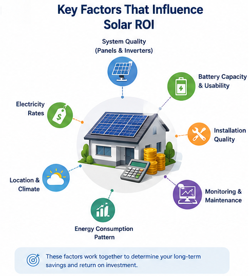 Diagram showing the factors that influence solar ROI including panel quality, battery storage, inverter efficiency, installation, and energy consumption