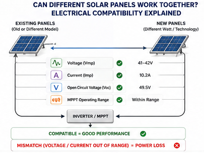 Technical illustration explaining solar panel compatibility by comparing operating voltage, current, MPPT range, and electrical matching between old and new solar panels.