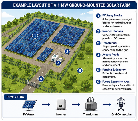 Illustration of a 1 MW ground-mounted solar farm showing PV array blocks, inverter stations, transformer, maintenance roads, fencing, and expansion area.
