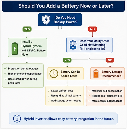 Decision tree comparing a standard solar system with a Hybrid Solar System using LiFePO₄ battery storage based on backup power and energy independence goals.