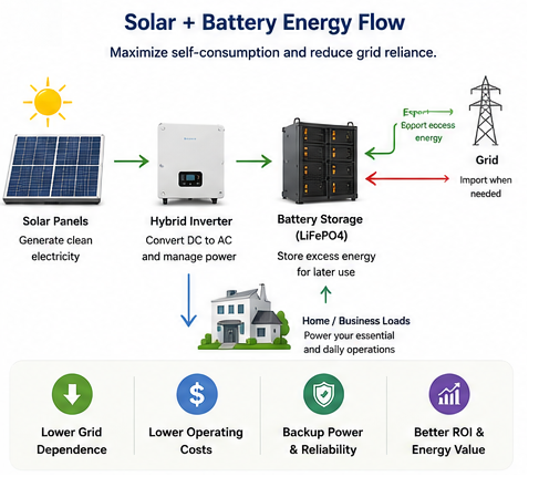 Diagram showing how a hybrid solar system with LiFePO4 battery storage improves self-consumption and long-term financial returns