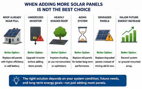 Decision infographic showing situations where expanding an existing solar system may not be the best option, including roof limitations, inverter capacity, shading, aging panels, and future energy growth.