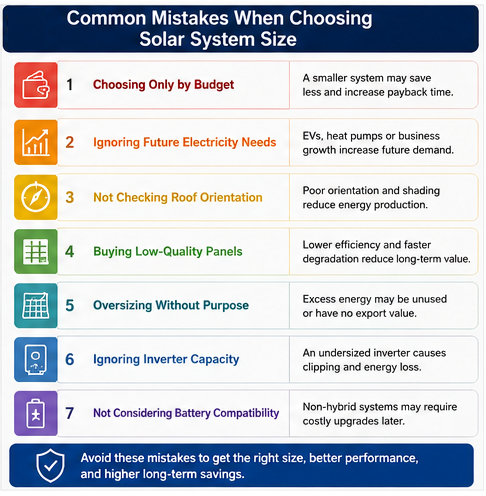 Infographic highlighting common mistakes when choosing a solar system size, including roof orientation, future electricity demand, inverter sizing, panel quality, and battery compatibility.