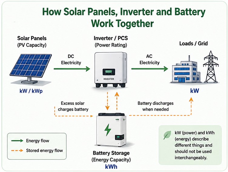 Solar panels, inverter and battery energy flow showing PV capacity, inverter power and battery storage capacity