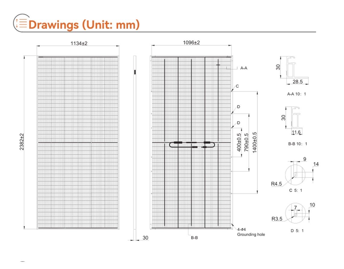Tongwei TWMNH-66QD solar panel dimensions and mounting drawing