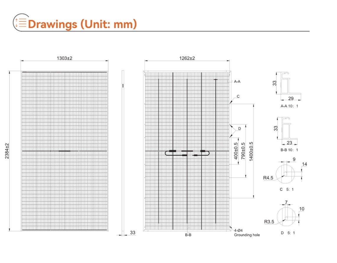 Tongwei TWMNF-66QD solar panel dimensions and mounting drawing