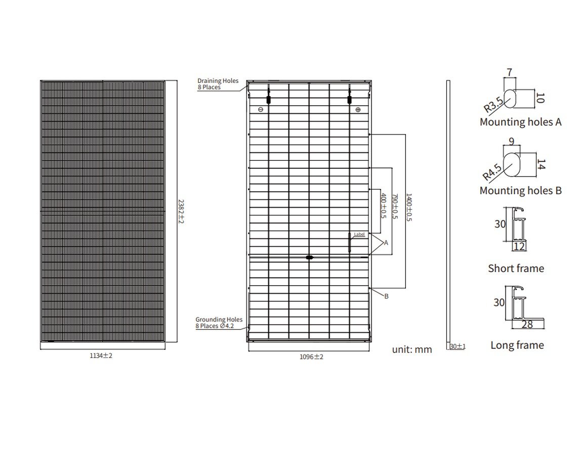 JA Solar 645W-670W JAM66D50-GB solar panel mechanical drawings